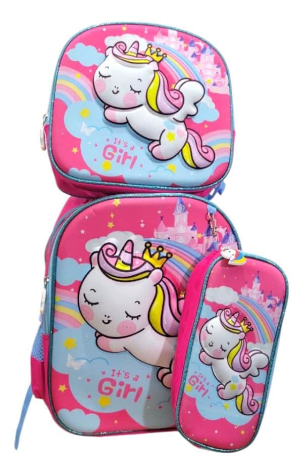Mochila Niña 3d Set X3 + Carrito Regalo