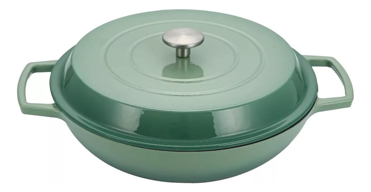 Wok Hierro Fundido Esmaltada 28 Cm Antiadherente Con Tapa