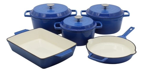 Set 3 Ollas + Sartén Y Asadera Hierro Fundido Esmaltadas