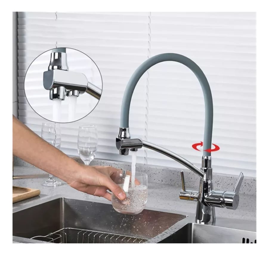 Grifo Monocomando Flexible 3 Vías Para Mesada Y Purificador