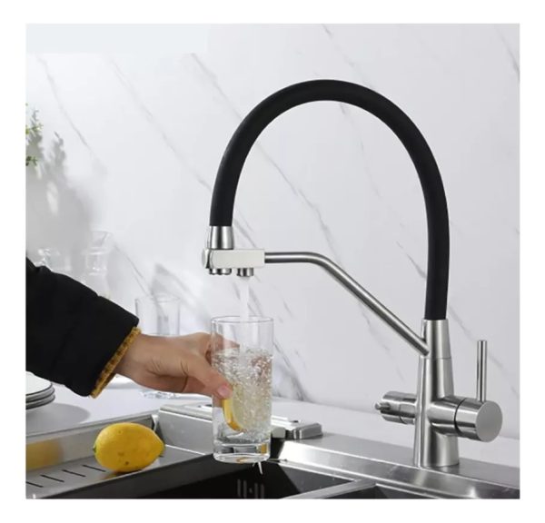Grifo Monocomando Flexible 3 Vías Para Mesada Y Purificador