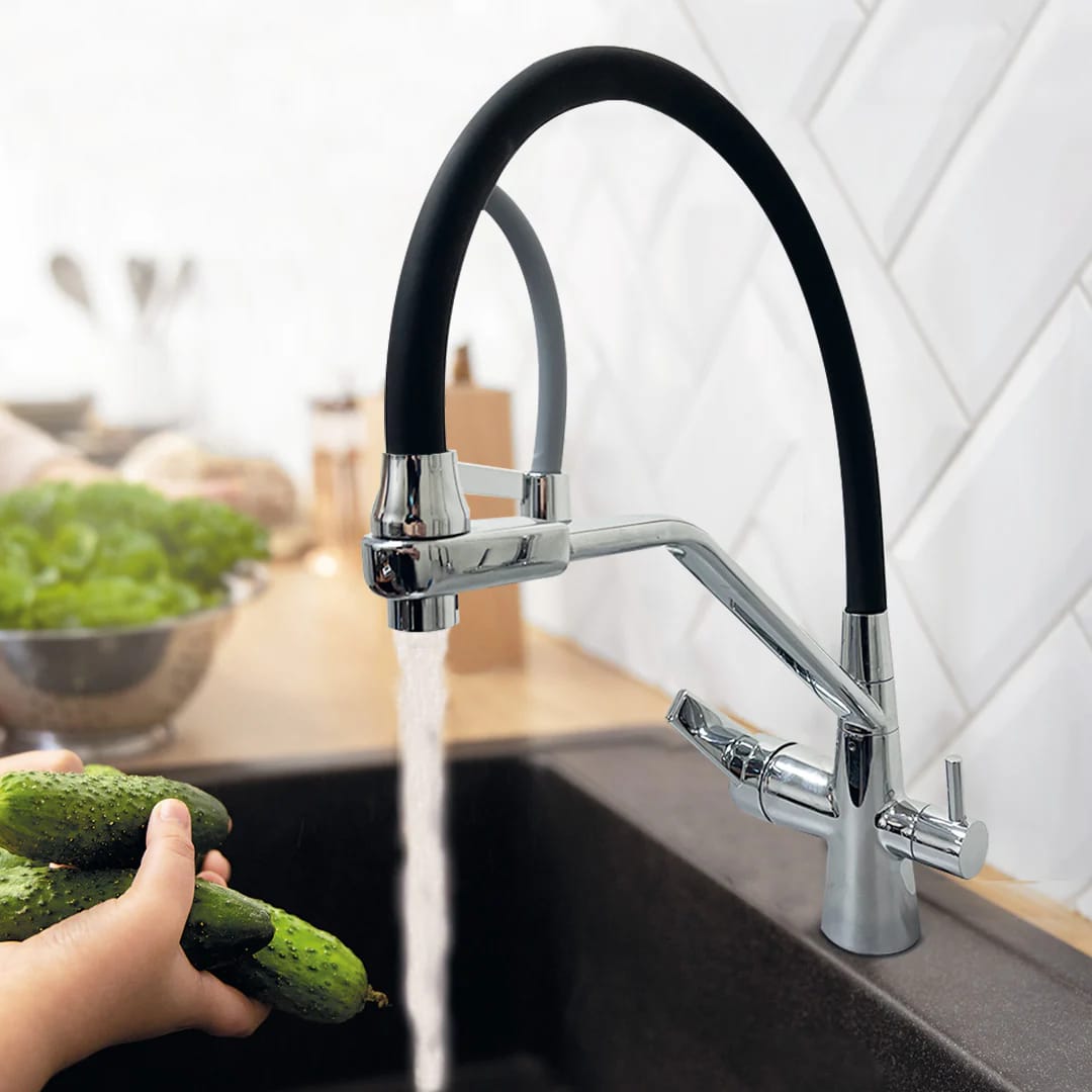 Grifo Monocomando Flexible 3 Vías Para Mesada Y Purificador