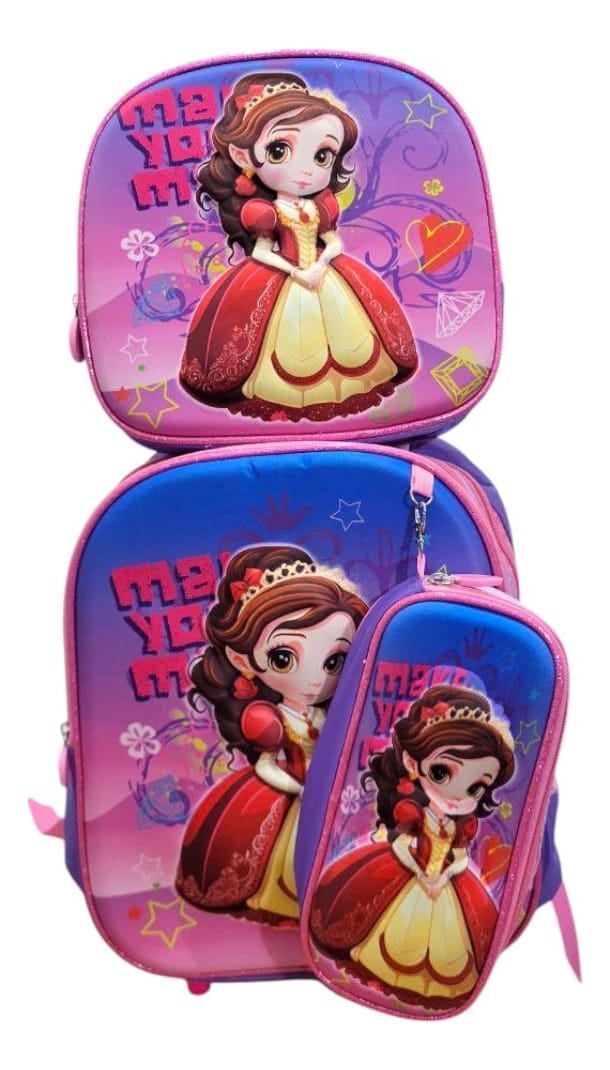 Mochila Niña 3d Set X3 + Carrito Regalo
